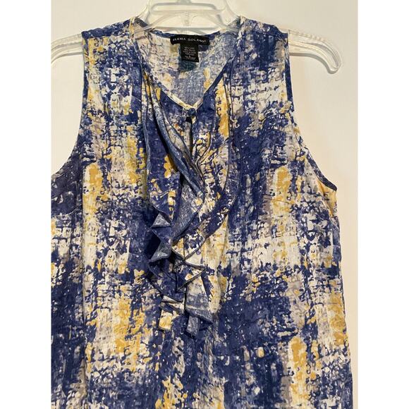 Elena Solano Sleeveless Linen Rayon Large Blouse Ruffle Front Blue Yellow - Picture 3 of 9